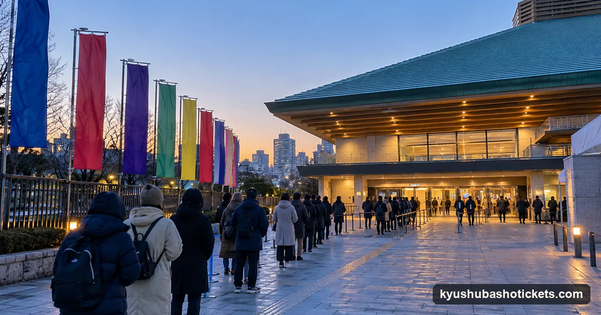 A short queue of people in coats at dawn outside a modern arena entrance, seen from behind